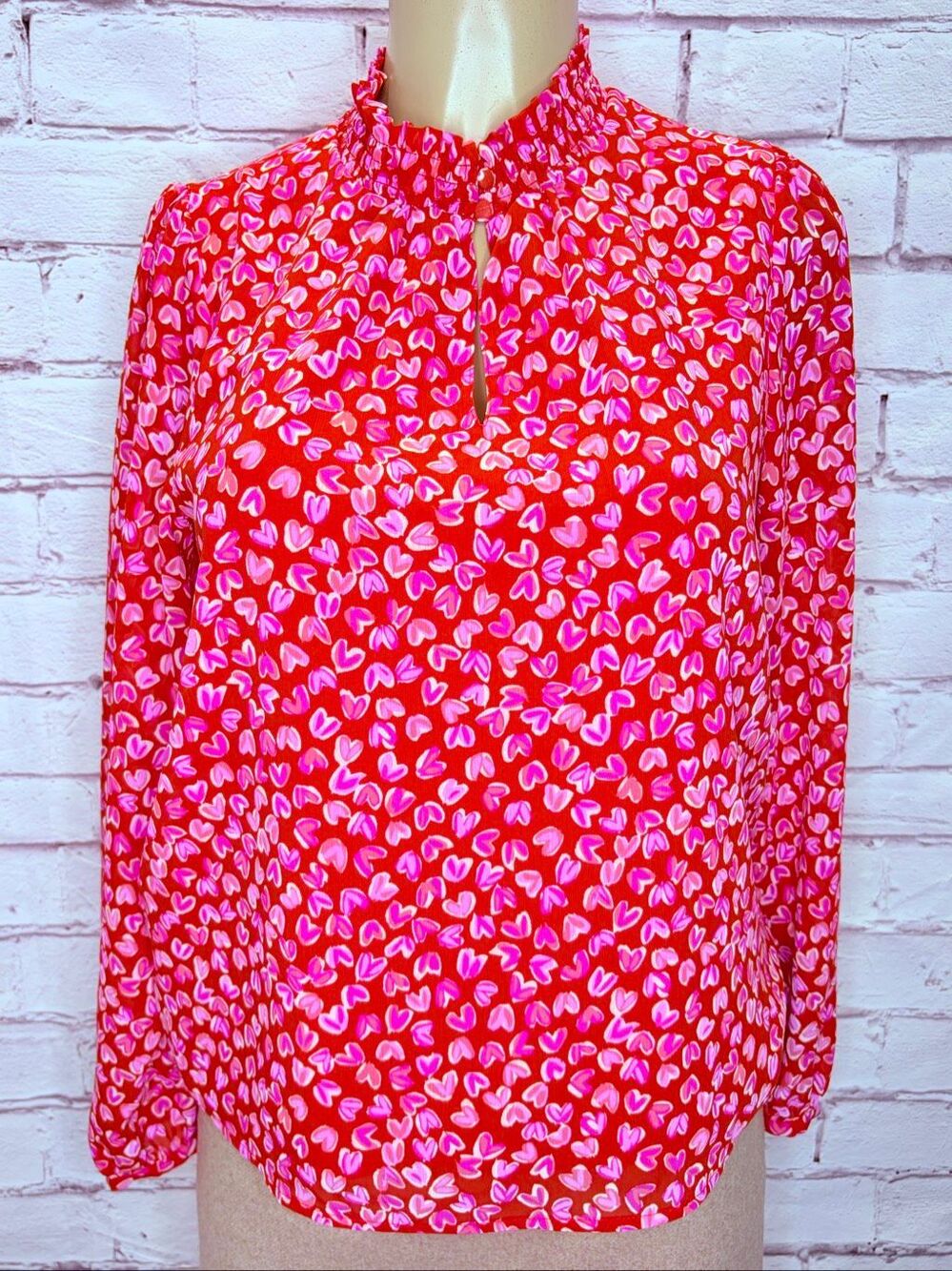 J. Crew Womens Red Pink Heart Long Sleeve Mock Neck Smocked Keyhole Blouse Small